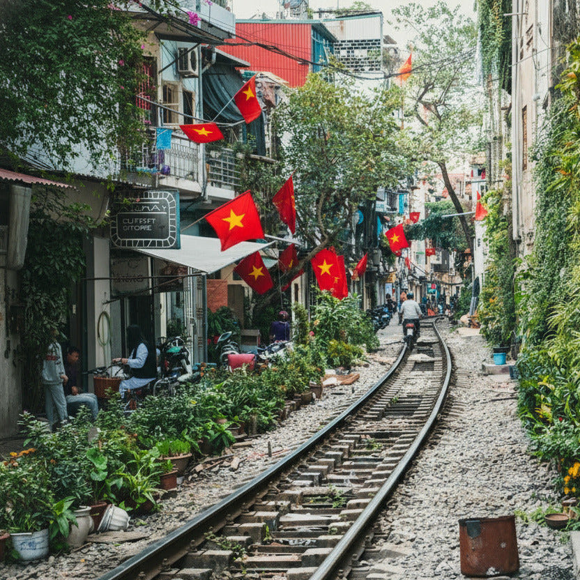  Tourists watching the train pass through the famous Train Street in Hanoi Old Quarter, sharing the moment using Vietnam eSIM high speed data.